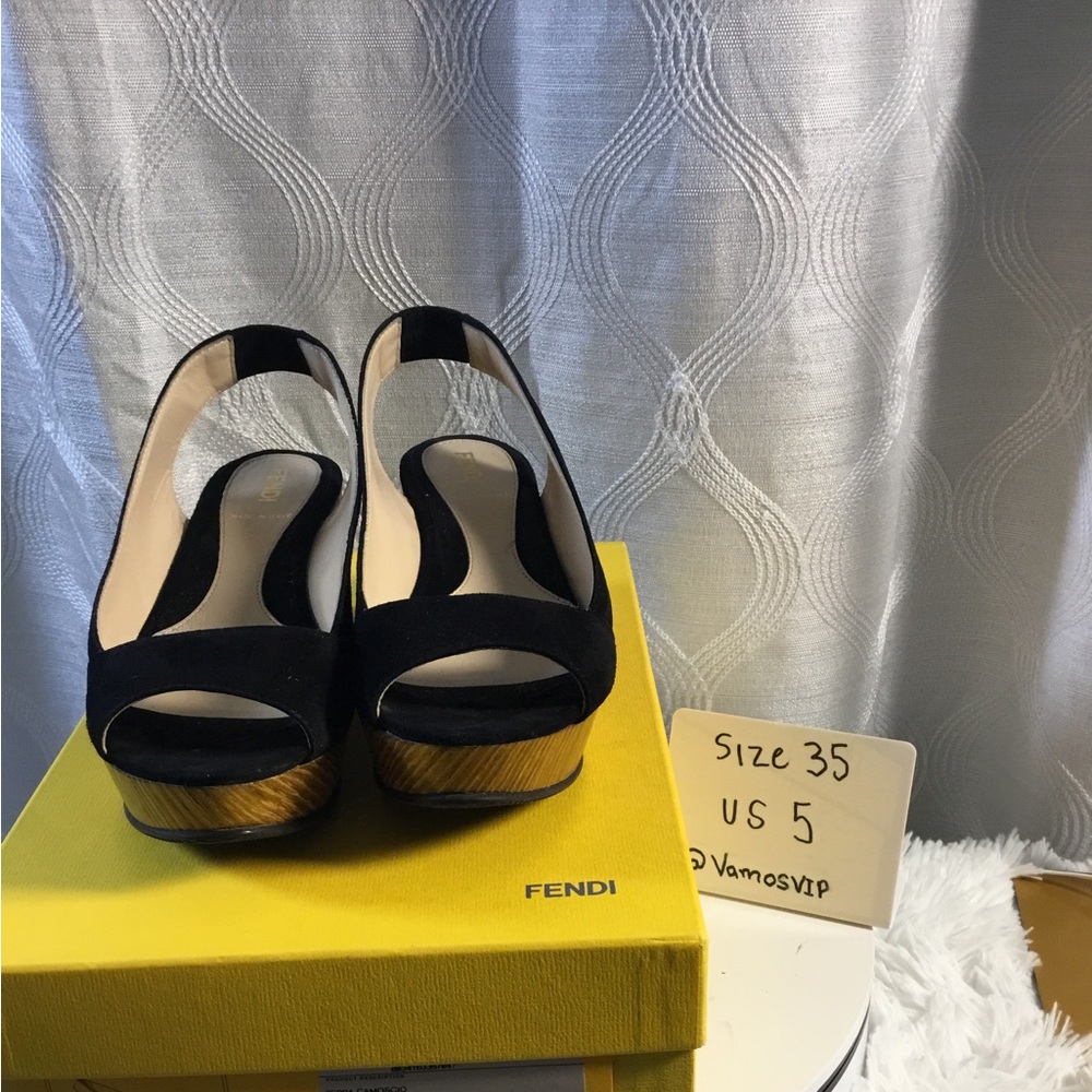 Fendi Black Suede Open-Toe Platform Slingbacks with Gold-Tone Wood Effect Heel